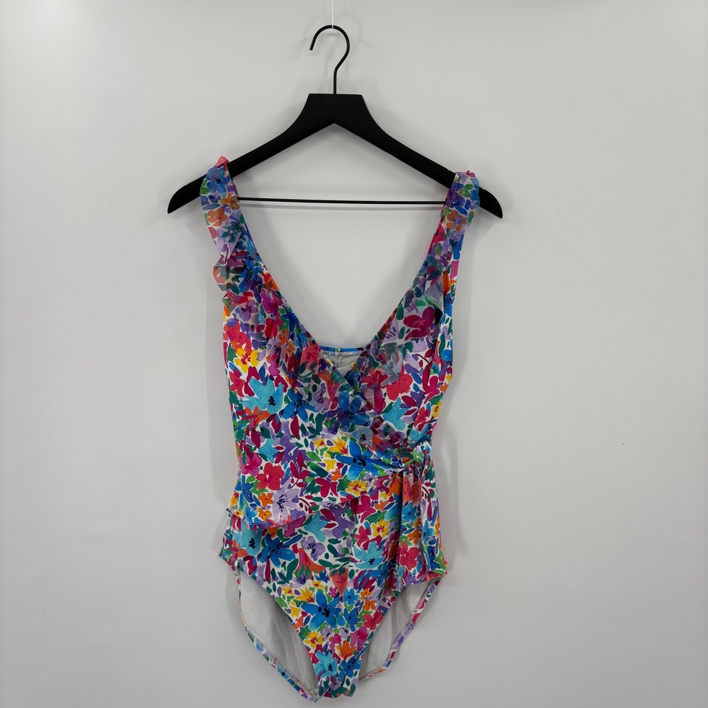 Tommy Bahama One Piece Swimsuit Womens 16 Multicolor Floral Ruffle Wrap Tropical